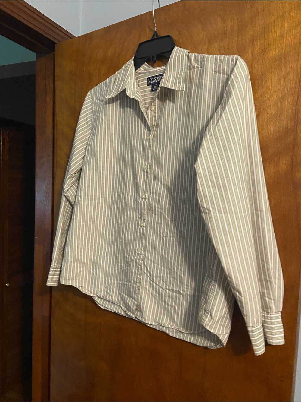 Lands' End Women’s Green and White Stripe Button-Front Blouse